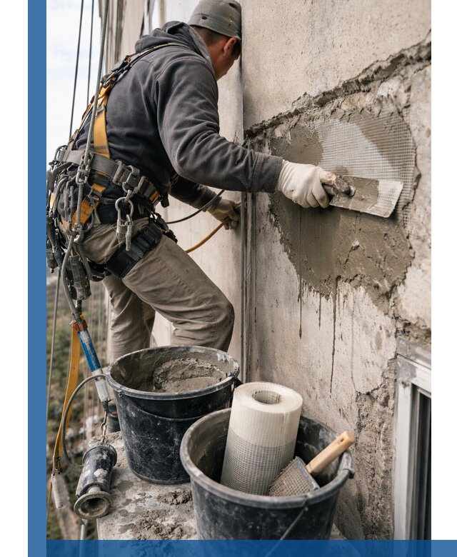 Ремонт бетонных элементов фасада промышленными альпинистами в Шахтах