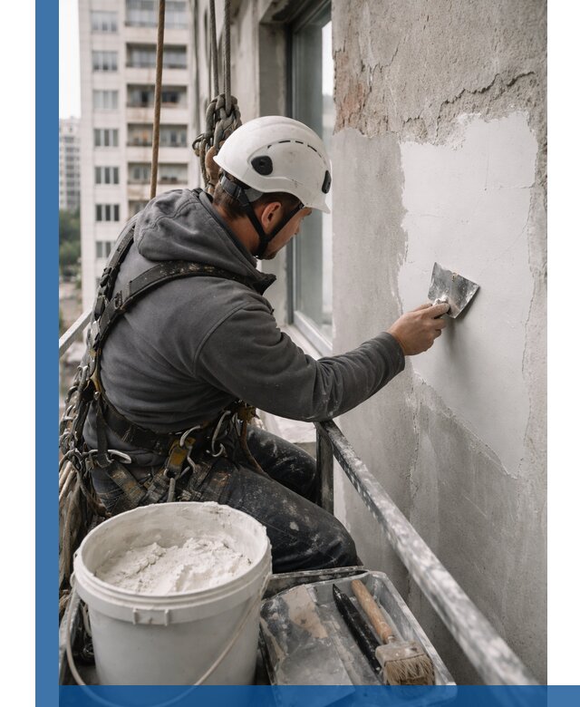 Шпаклевка фасадов на высоте с промальпинистами в Шахтах