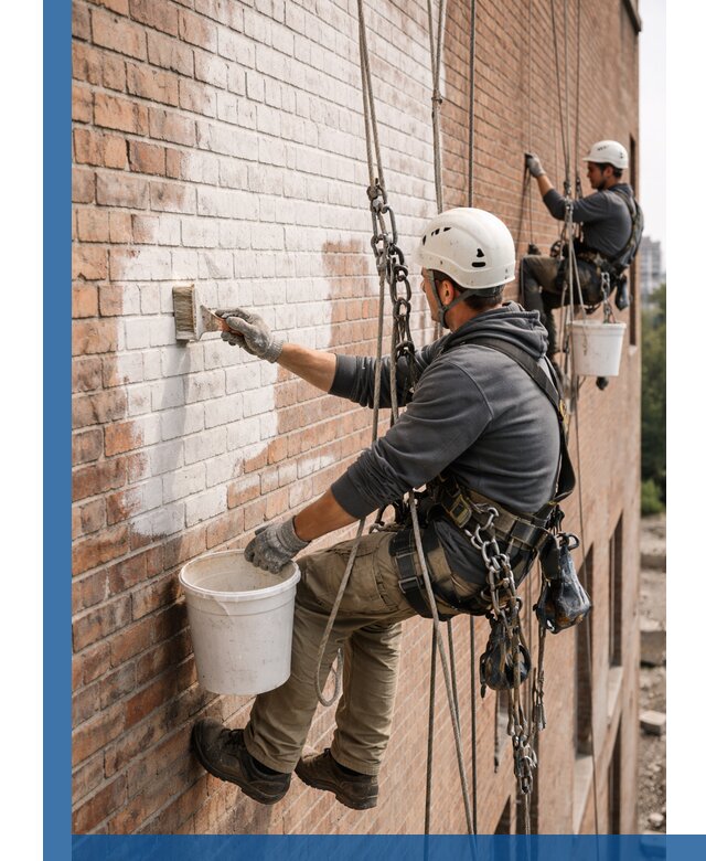 Покраска кирпичного фасада с доступным альпинистским сервисом в Шахтах