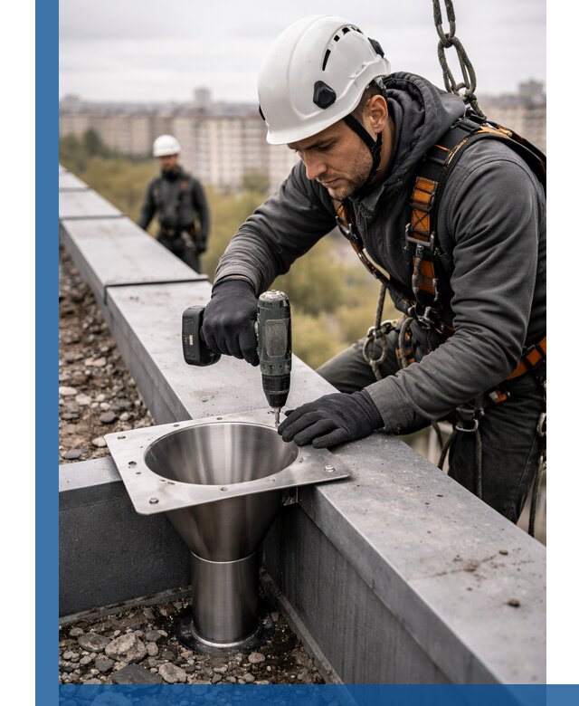 Монтаж водосточных воронок в Шахтах для промышленных зданий