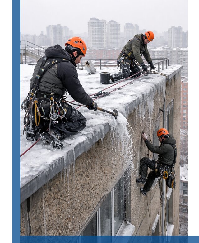 Удаление наледи с кровли в Шахтах промышленными альпинистами