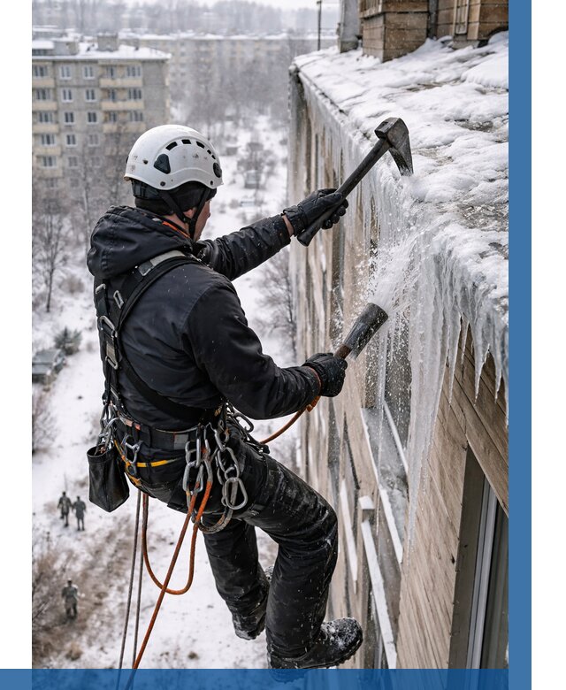 Сбивание сосулек с крыши в Шахтах по цене от 4884 р. | ВЫСОТНИК-Шхт