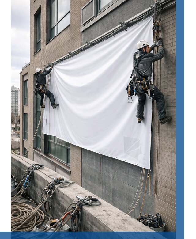 Монтаж баннеров на фасаде в Шахтах от 705 р. заказать ВЫСОТНИК-Шхт