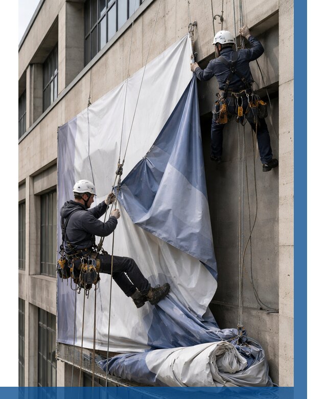 Демонтаж баннеров с фасада в Шахтах от 4884 р. | ВЫСОТНИК-Шхт