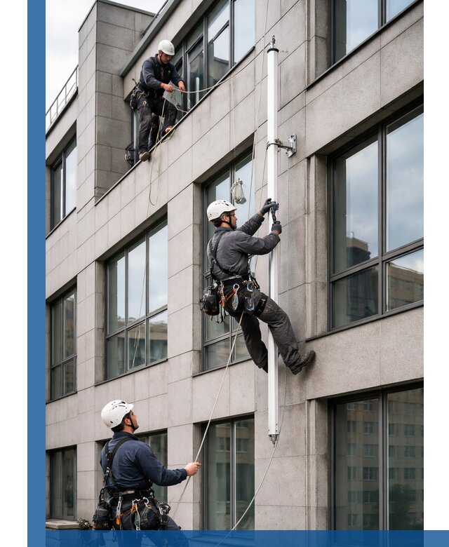 Монтаж флагштока на фасаде здания с креплением и герметикой в Шахтах