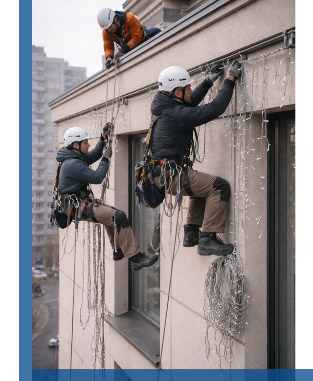 Монтаж праздничных гирлянд на фасаде в Шахтах для зданий