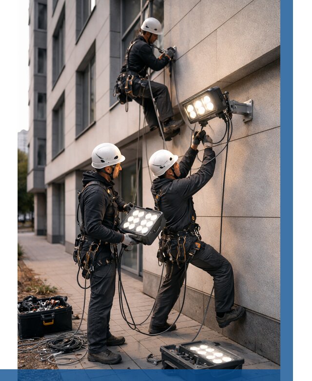 Монтаж прожекторов на фасаде в Шахтах от 8140 р. | ВЫСОТНИК-Шхт