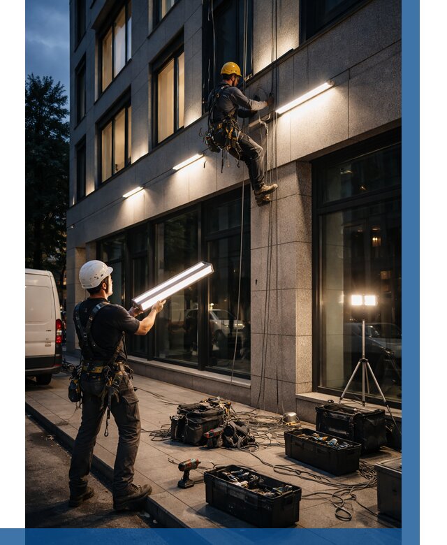 Монтаж архитектурной подсветки здания в Шахтах от 2713 р.|ВЫСОТНИК-Шхт