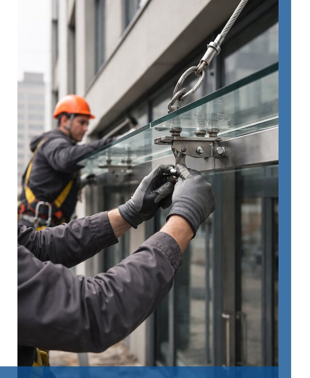 Монтаж стеклянных козырьков в Шахтах от 9225 р. | ВЫСОТНИК-Шхт