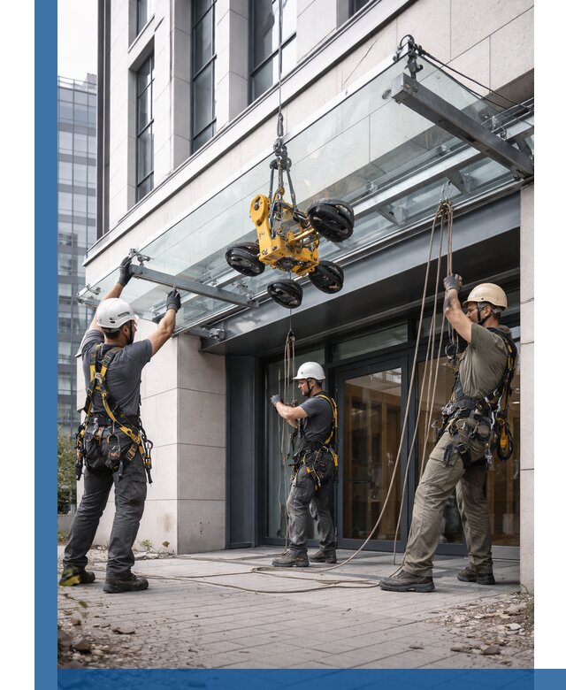 Монтаж стеклянных козырьков под ключ в Шахтах для зданий