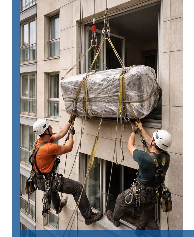 Подъем грузов через окно в Шахтах промышленными альпинистами