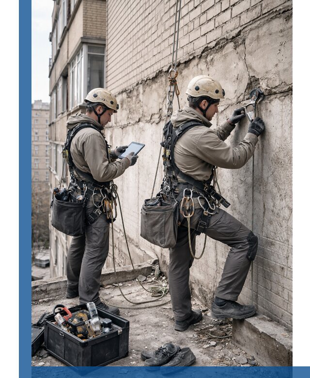 Обследование фасада промышленными альпинистами в Шахтах